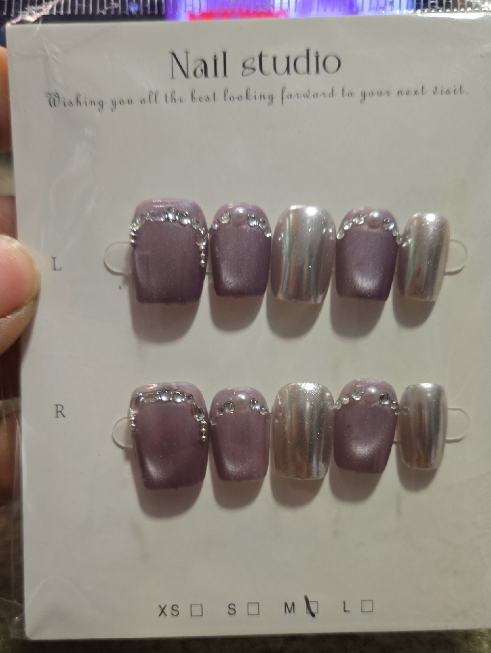 Lavender Pearl and Chrome Rhinestone Press-On Nails